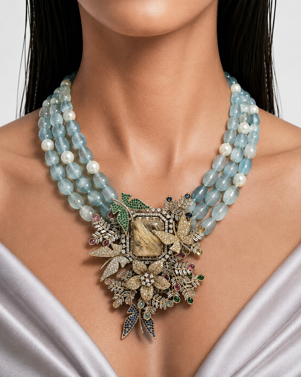 Tazkia Aqua Polki Kundan Pendant Necklace Set — earrings detail, by Prerto