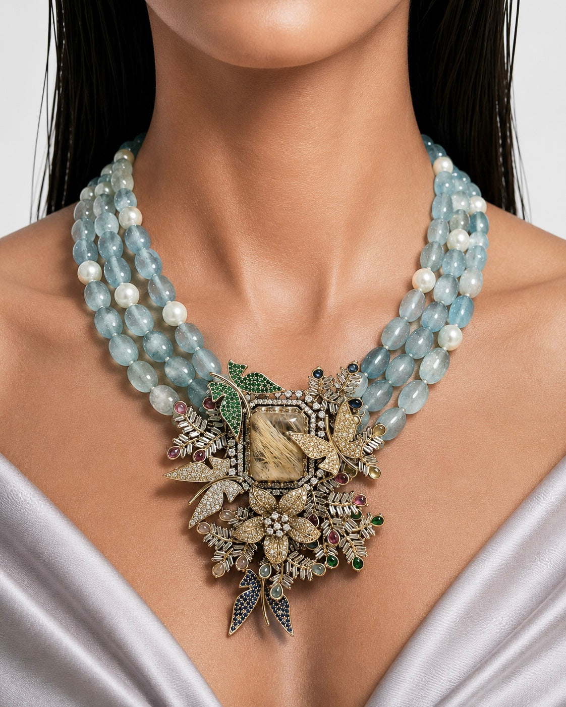 Tazkia Aqua Polki Kundan Pendant Necklace Set — earrings detail, by Prerto