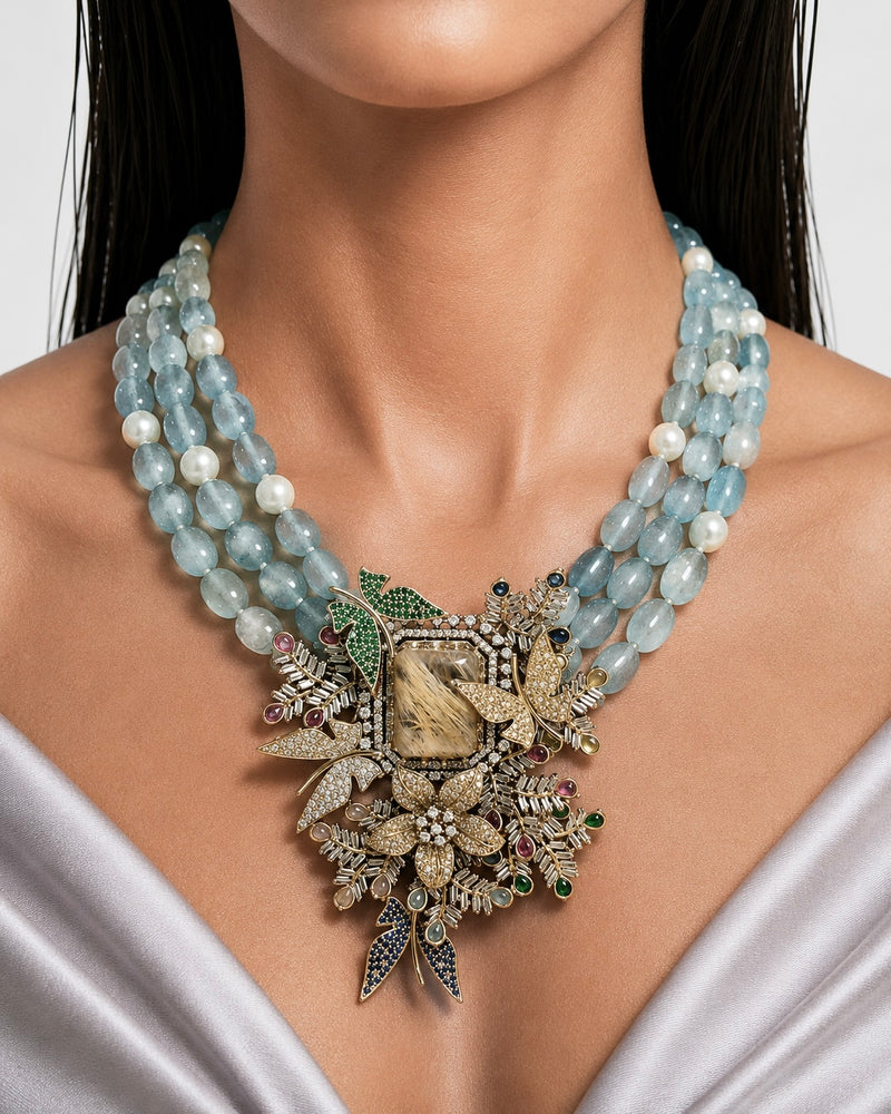 Tazkia Aqua Polki Kundan Pendant Necklace Set — earrings detail, by Prerto