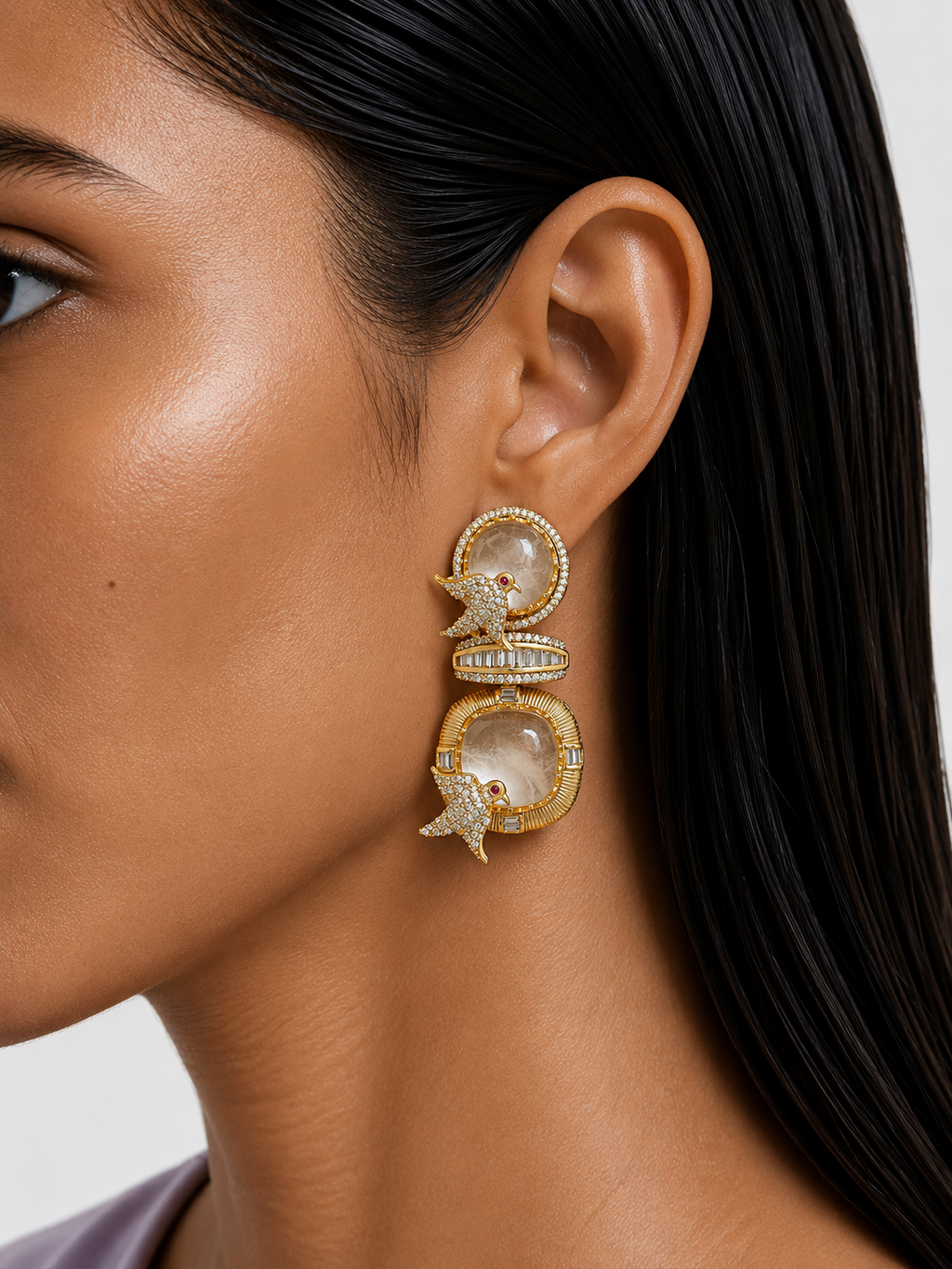 Shaheenah Moissanite Polki Kundan Necklace Set — earrings detail, by Prerto