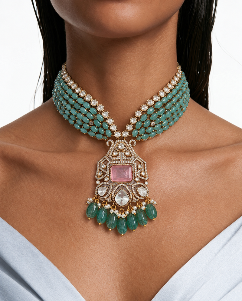 Adoor Ruby Meena Dimonte Pearl Drop Hasdi ketting set (ketting en oorbellen)