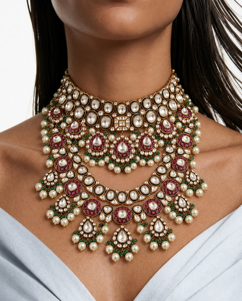 Maharani Emerald Meena Kundan珍珠项链（耳环和项链）