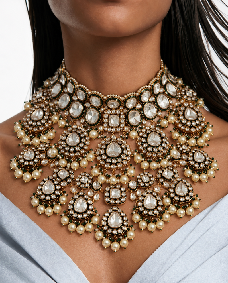 Maharani Kastur Kundan Emerald Drops Polki Necklace Set & Kundan Pearl Emerald Detail Hanging Statement Necklace Set (2Necklace, 2Earrings & 2Mang Tika)