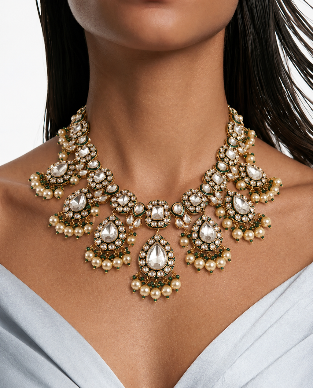 Maharani Emerald Meena Kundan Pearly ketting set (oorbellen en ketting)