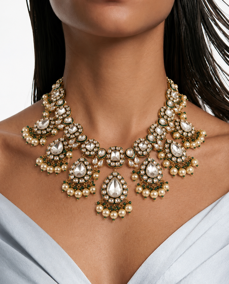 Maharani Kastur Kundan Emerald Drops Polki Necklace Set & Kundan Pearl Emerald Detail Hanging Statement Necklace Set (2Necklace, 2Earrings & 2Mang Tika)