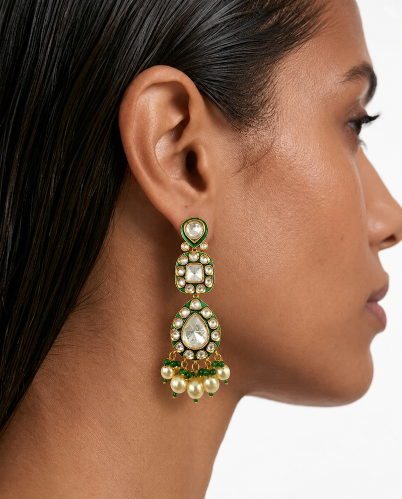 Maharani Kastur Kundan Emerald Drops Polki Necklace Set & Kundan Pearl Emerald Detail Hanging Statement Necklace Set (2Necklace, 2Earrings & 2Mang Tika)