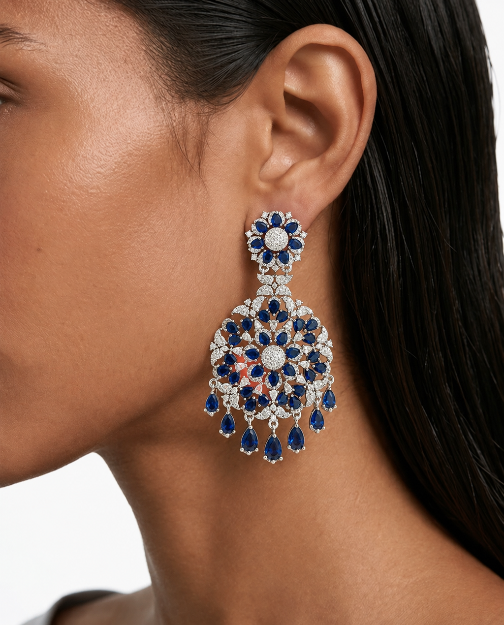Gahri Sapphire Diamond Floret Drops Necklace Set (Necklace, Earrings & Mang Tika)