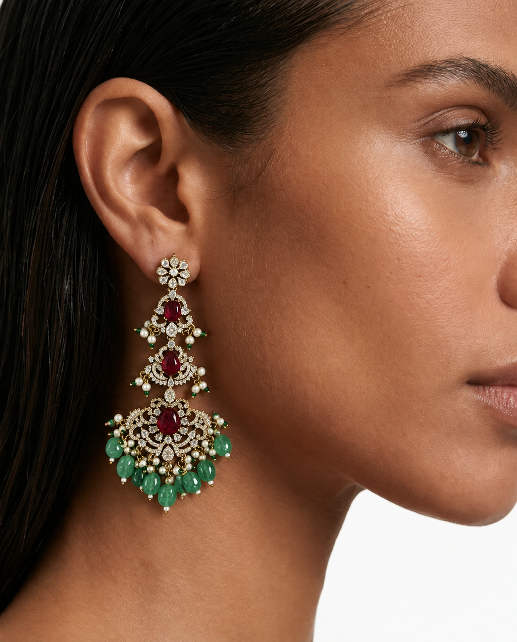 Zoyael Conjunto de collar en capas con detalles de diamantes, rubíes, esmeraldas, perlas y moissanita Polki Kundan - Collar y aretes