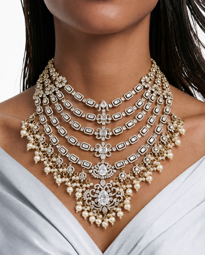 Zoyael Pearls & Moissanite Polki Kundan with Zircon Diamond Detailing Layered Necklace Set – Necklace & Earrings