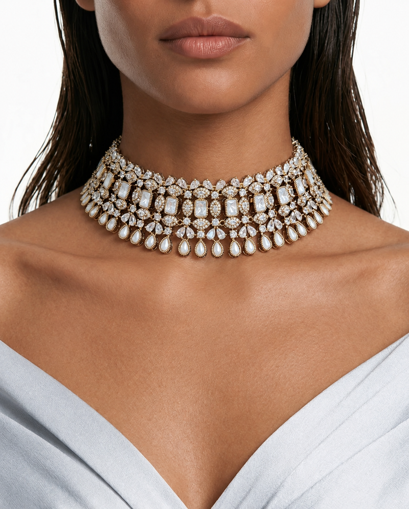 Leya Diamond Moissanite Polki Kundan Necklace Set – Necklace, Earrings & Maang Tikka
