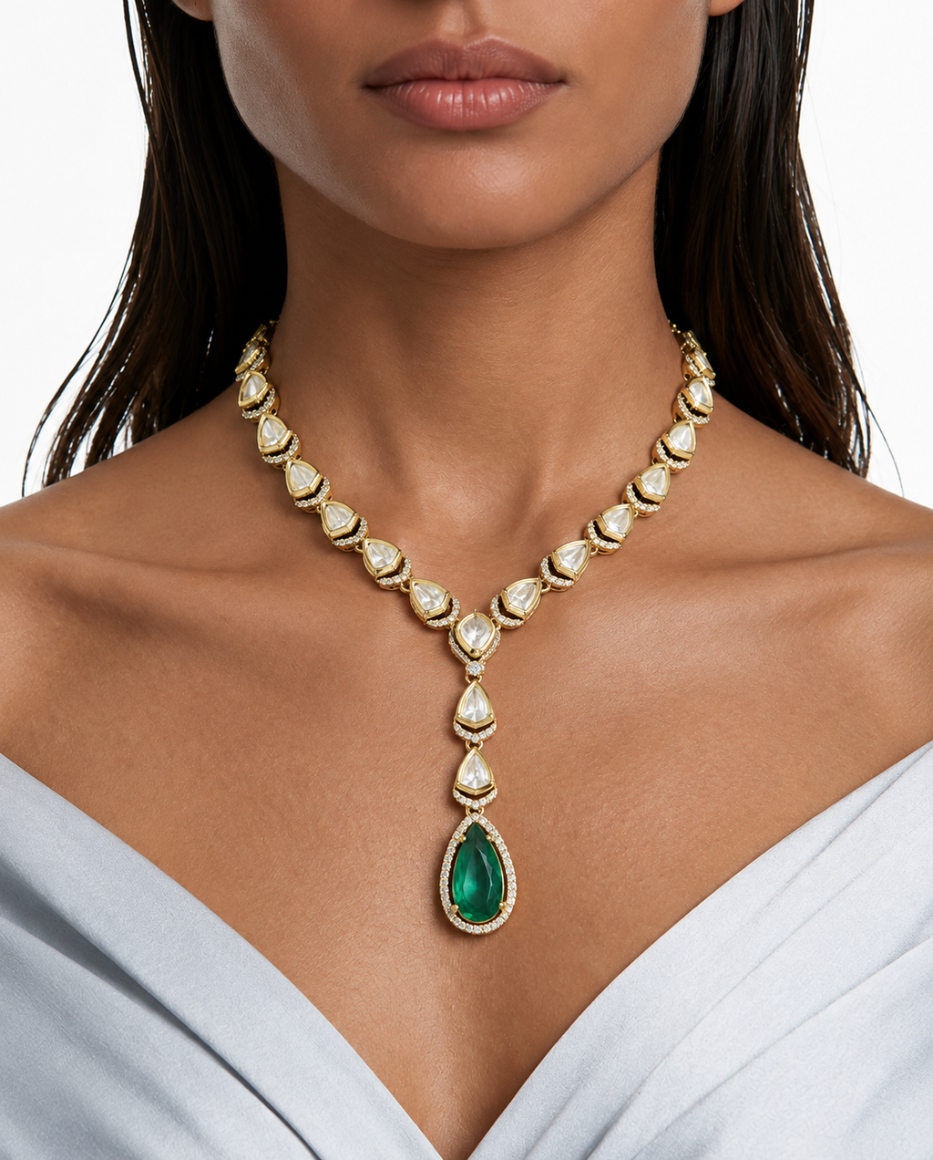 Conjunto de collar Nysa Emerald Pear Drop Moissanite Polki Kundan - Collar y aretes