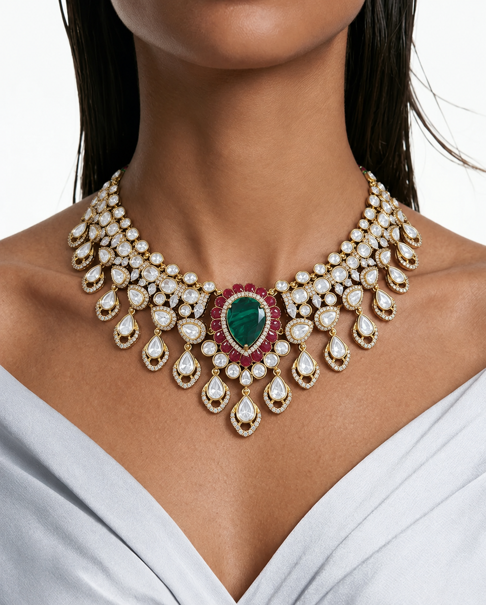 Ruya Emerald & Ruby Pearl Polki Kundan Bridal Necklace Set, antique gold plated – front view | PRERTO