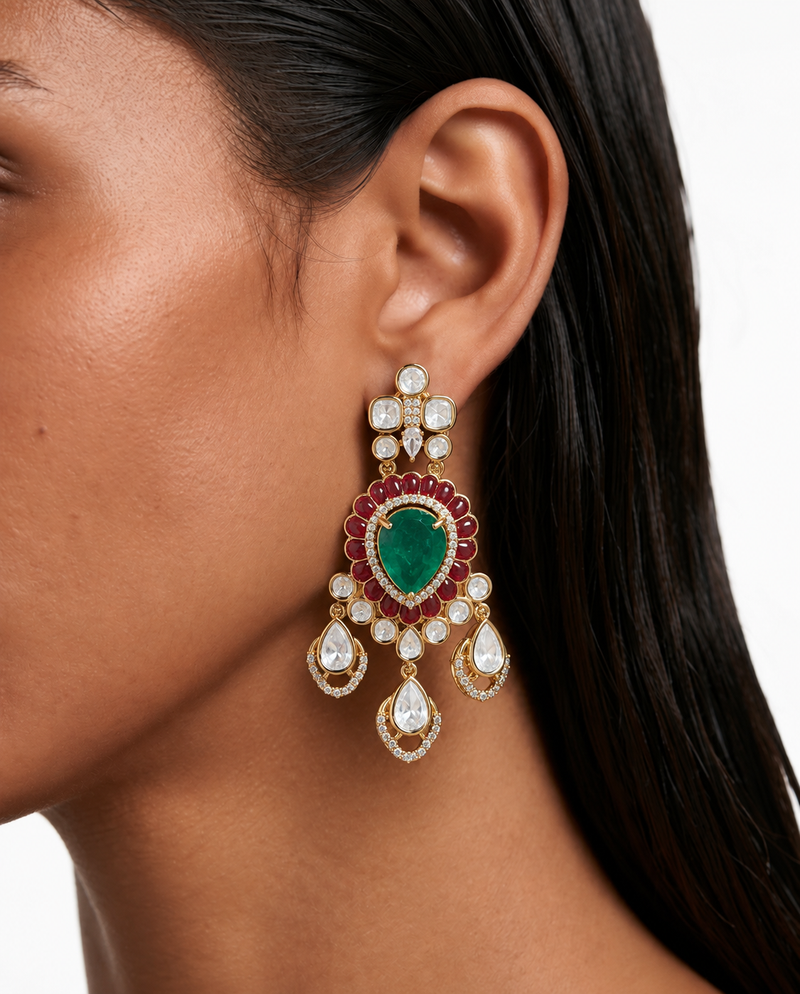 Ruya Emerald & Ruby Pearls & Moissanite Polki Kundan with Zircon Diamond Detailing Bridal Necklace Set – Necklace & Earrings