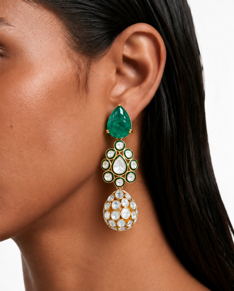Myraah Emerald Pear Drop Moissanite Polki Kundan Statement Necklace Set – Necklace & Earrings