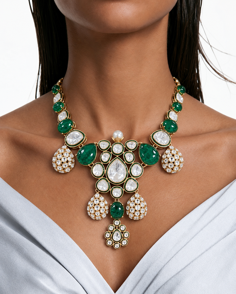 Myraah Emerald Pear Drop Moissanite Polki Kundan Statement Necklace Set – Necklace & Earrings