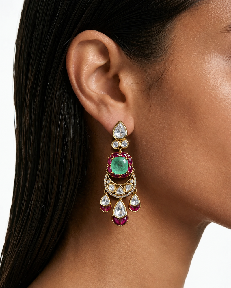 Shehrin Ruby & Mint Pearls & Moissanite Polki Kundan with Zircon Diamond Detailing Necklace Set – Necklace, Earrings & Maang Tikka