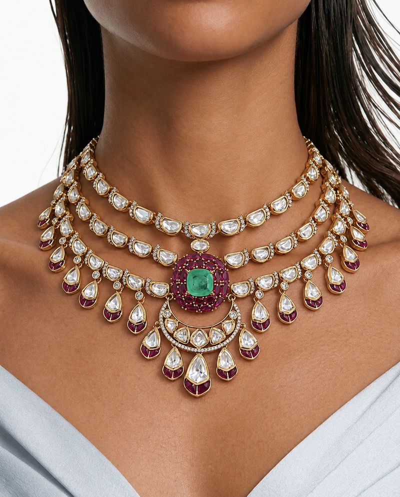 Shehrin Ruby & Mint Pearls & Moissanite Polki Kundan with Zircon Diamond Detailing Necklace Set – Necklace, Earrings & Maang Tikka