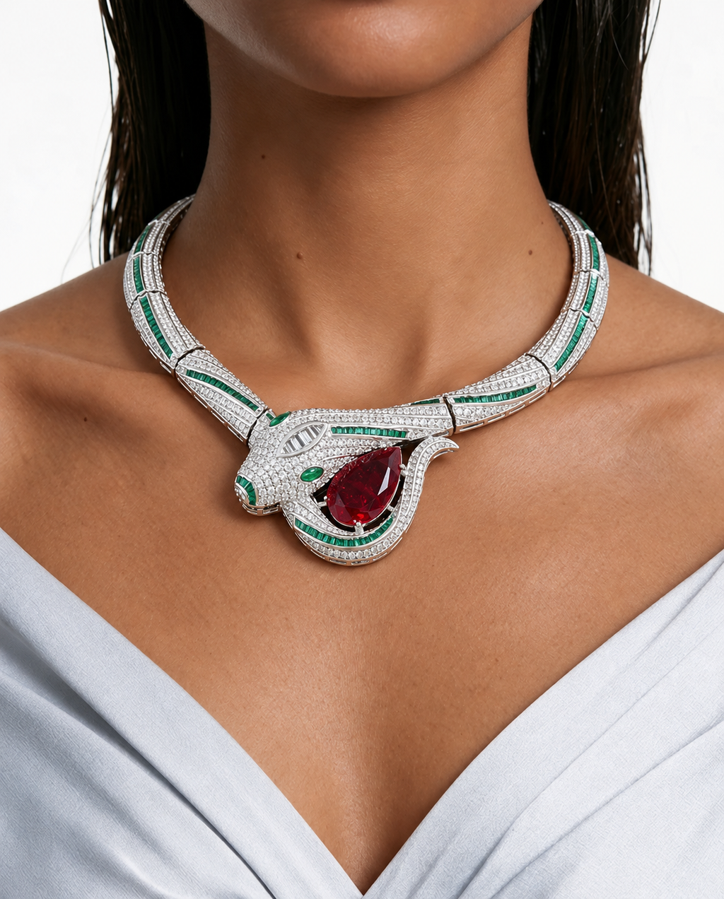 Medusa Ruby Pear Drop & Diamond-Like Zircon Snake Necklace Set – Necklace & Earrings