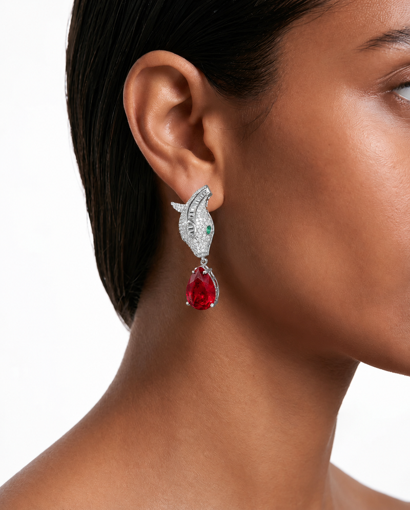 Medusa Ruby Pear Drop & Diamond-Like Zircon Snake Necklace Set – Necklace & Earrings