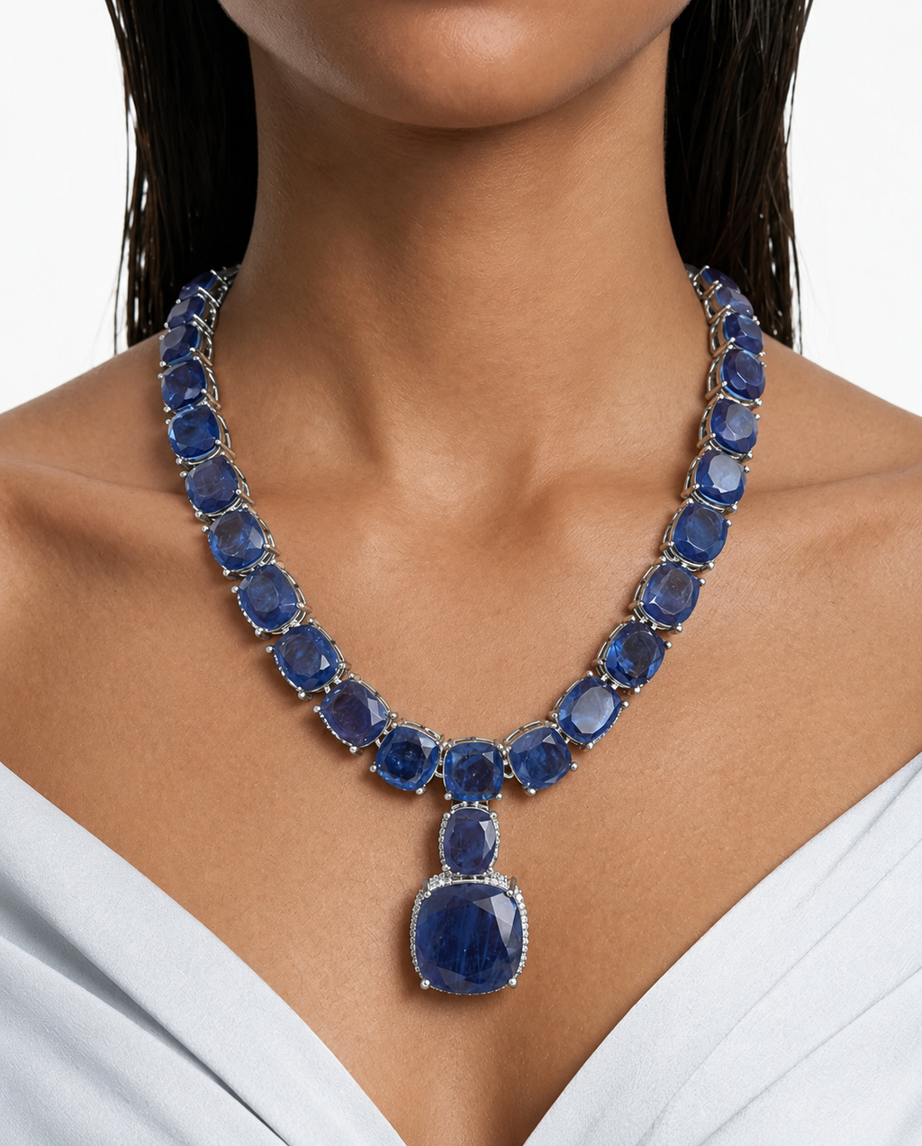 Boulder Sapphire Diamond-Like Zircon Single Line Necklace Set – Necklace & Earrings