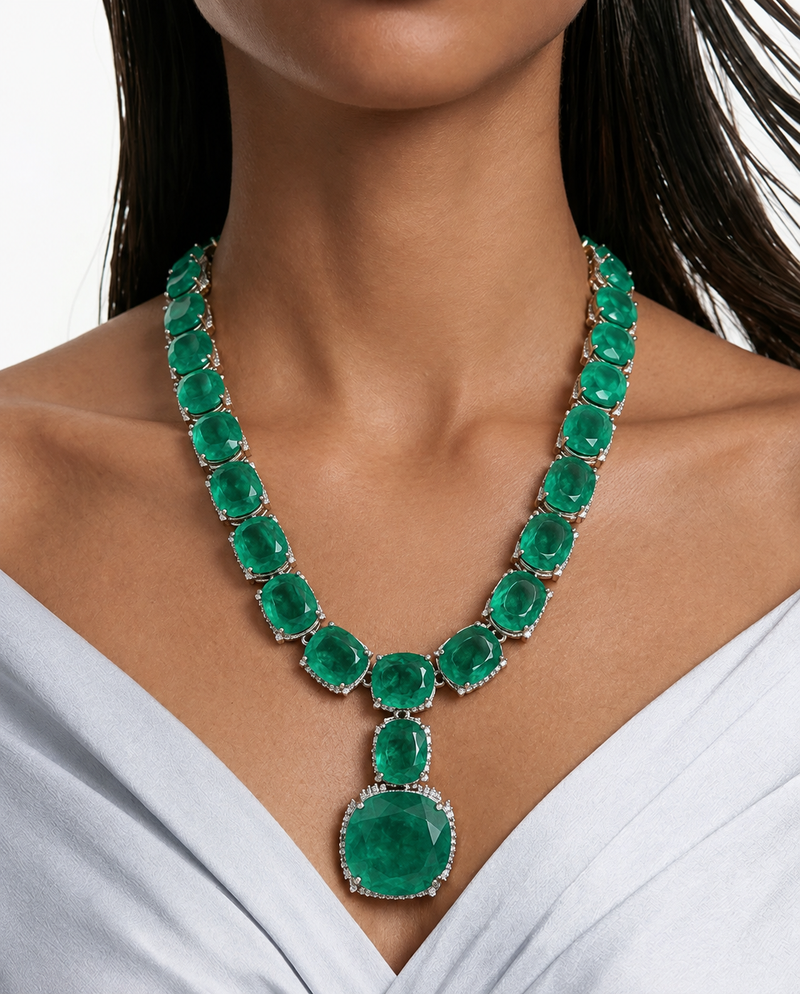 Boulder Emerald Diamond-Like Zircon Single Line Necklace Sett – Necklace & Earrings