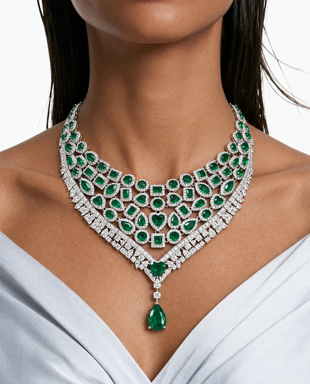 Maharani Bahiyya Emerald Drops & Diamond-Like Zircon Statement Pendant Necklace Set & Veyla Emerald Square & Heart Diamond-Like Zircon Statement Necklace Set (2 Necklaces & 2 Earrings)