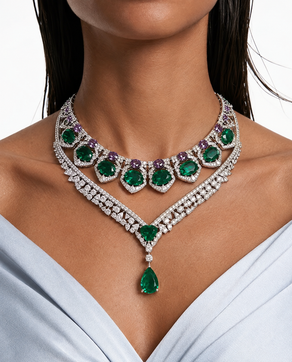 Maharani Aarohi Emerald, Citrine and Diamond-Like Zircon with Enamel Detailing Necklace Set & Bahiyya Emerald Drops & Diamond-Like Zircon Statement Pendant Necklace Set (2 Necklace & 2 Earrings)