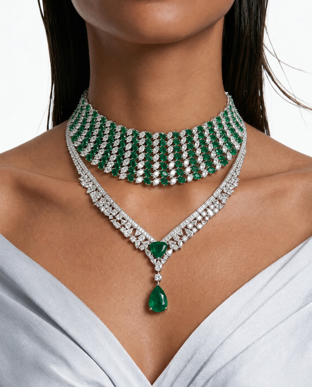 Maharani Heart Emeralds & Diamond Necklace Set & Bahiyya Emerald Drops & Diamond-Like Zircon Statement Pendant Necklace Set (2 Necklace & 2 Earrings)