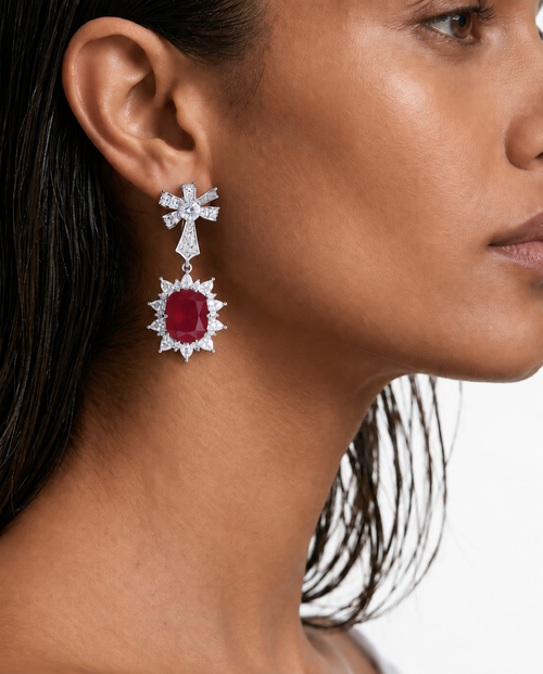 Nelle Ruby Double Drop Bow Diamond-Like Zircon Necklace Set – Necklace & Earrings