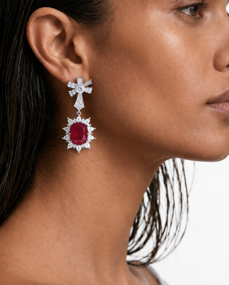 Nelle Ruby Double Drop Bow Diamond-Like Zircon Necklace Set – Necklace & Earrings