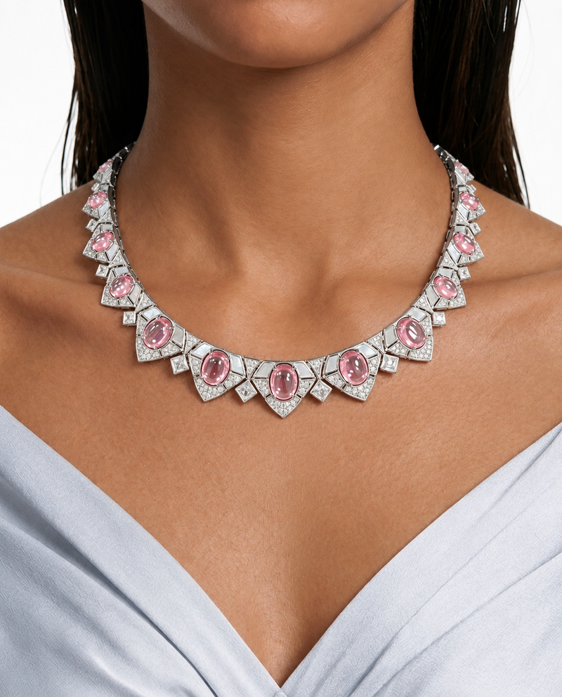 Tess Pink Oval Diamond-Like Zircon Necklace Set  – Necklace & Earrings