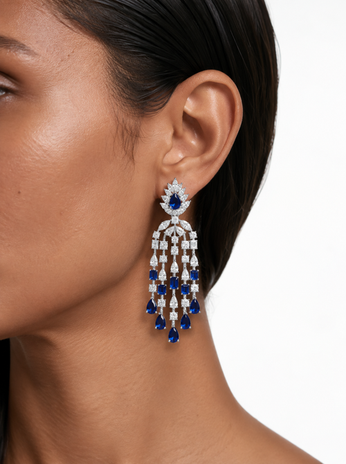Celine Sapphire Diamond-Like Zircon Four Layer Drop Necklace Set – Necklace & Earrings