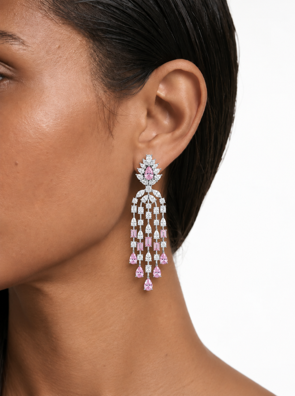 Celine Pink Diamond-Like Zircon Four Layer Drop Necklace Set – Necklace & Earrings