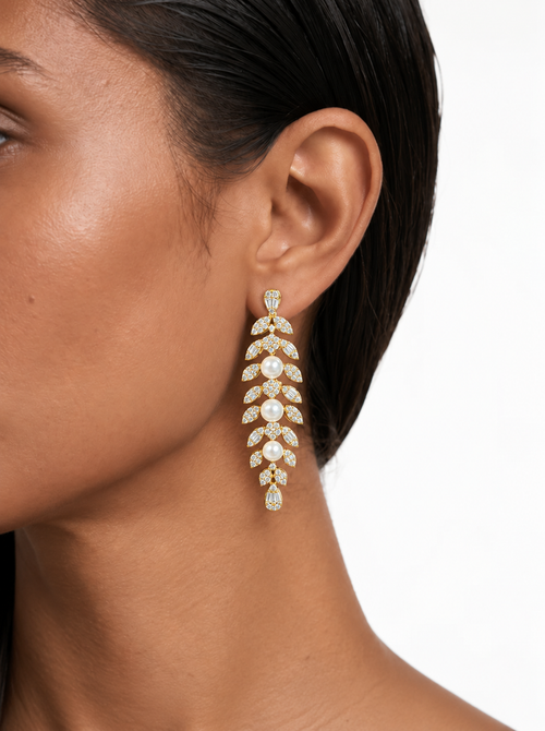 Nell Pearl & Leaf Diamond-Like Zircon Necklace Set – Gold-Tone – Necklace & Earrings
