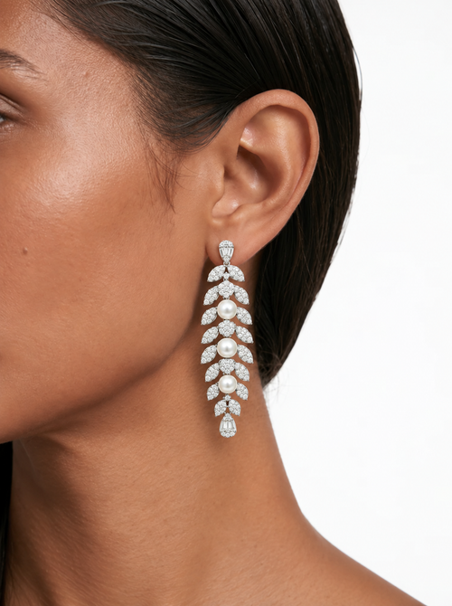 Nell Pearl & Leaf Diamond-Like Zircon Necklace Set – Silver-Tone – Necklace & Earrings