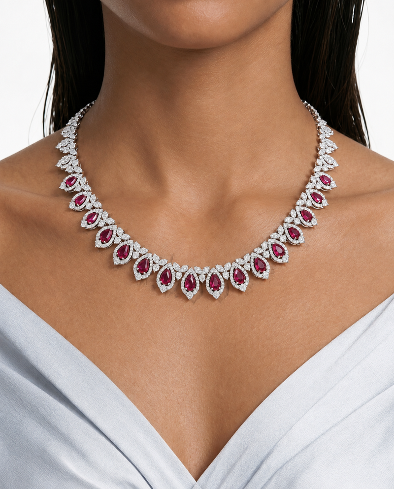 Milly Ruby Teardrop Diamond-Like Zircon Necklace Set – Necklace & Earrings