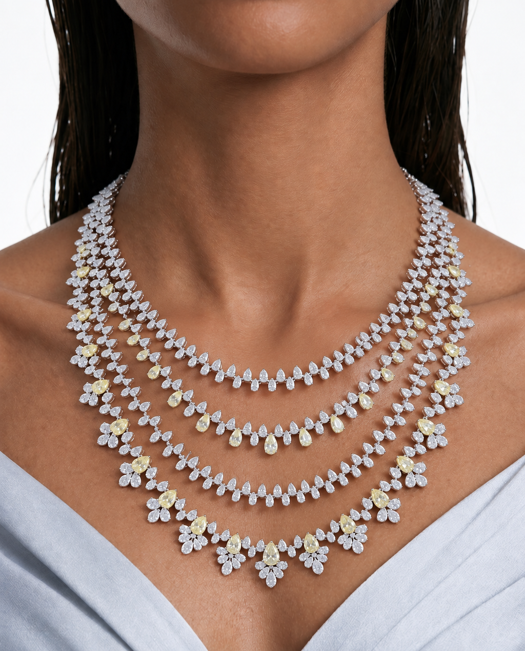 Fia Citrine Diamond-Like Zircon Four Layer Necklace Set – Necklace & Earrings