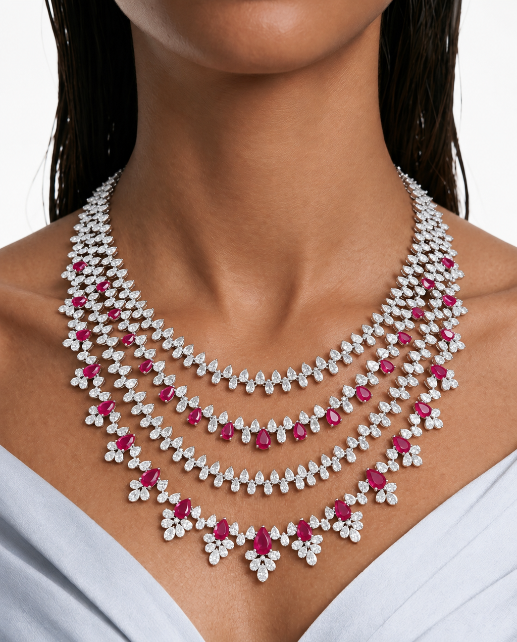 Fia Ruby Diamond-Like Zircon Four Layer Necklace Set – Necklace & Earrings