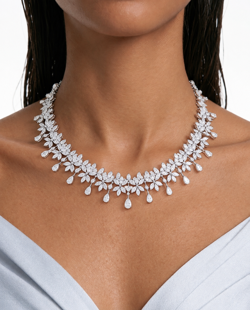 Lacey Leaf & Teardrop Diamond-Like Zircon Necklace Set – Necklace & Earrings