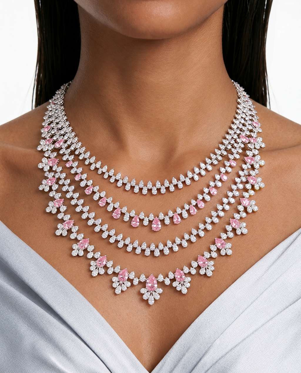 Fia Pink Diamond-Like Zircon Four Layer Necklace Set – Necklace & Earrings