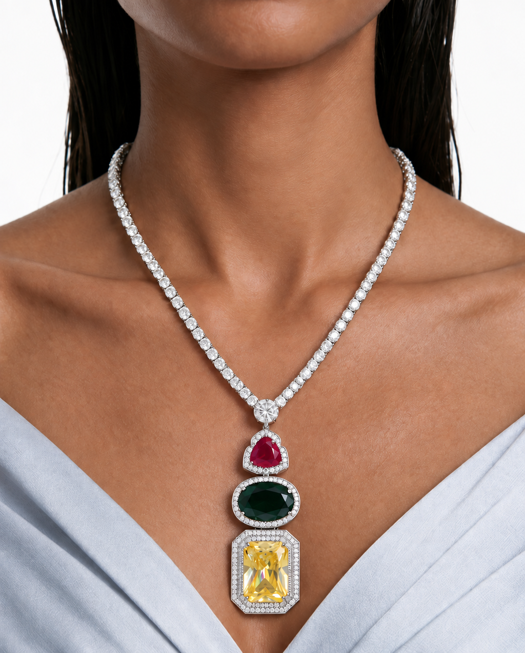 Della Multicolor Diamond-Like Zircon Drop Pendant Necklace Set – Necklace & Earrings