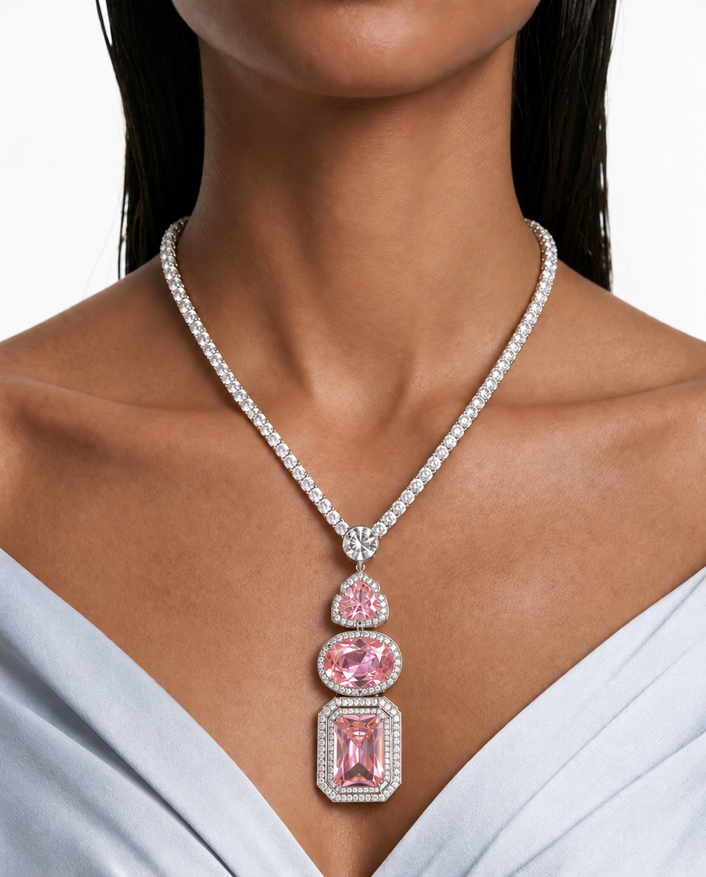 Della Pink Diamond-Like Zircon Drop Pendant Necklace Set – Necklace & Earrings