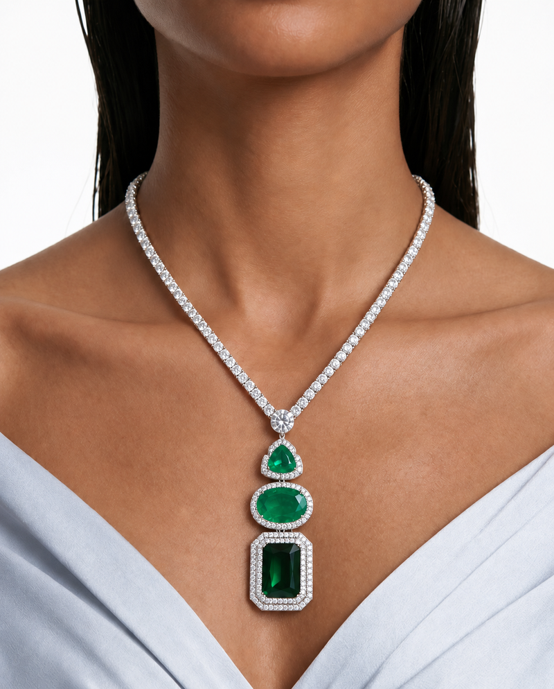 Della Emerald Diamond-Like Zircon Drop Pendant Necklace Set – Necklace & Earrings