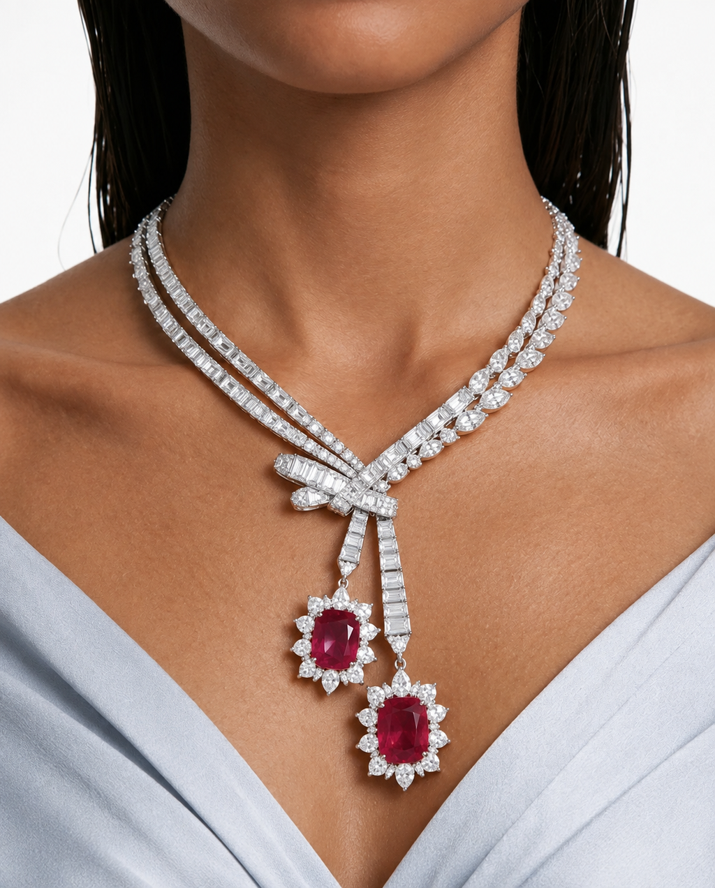 Nelle Ruby Double Drop Bow Diamond-Like Zircon Necklace Set – Necklace & Earrings