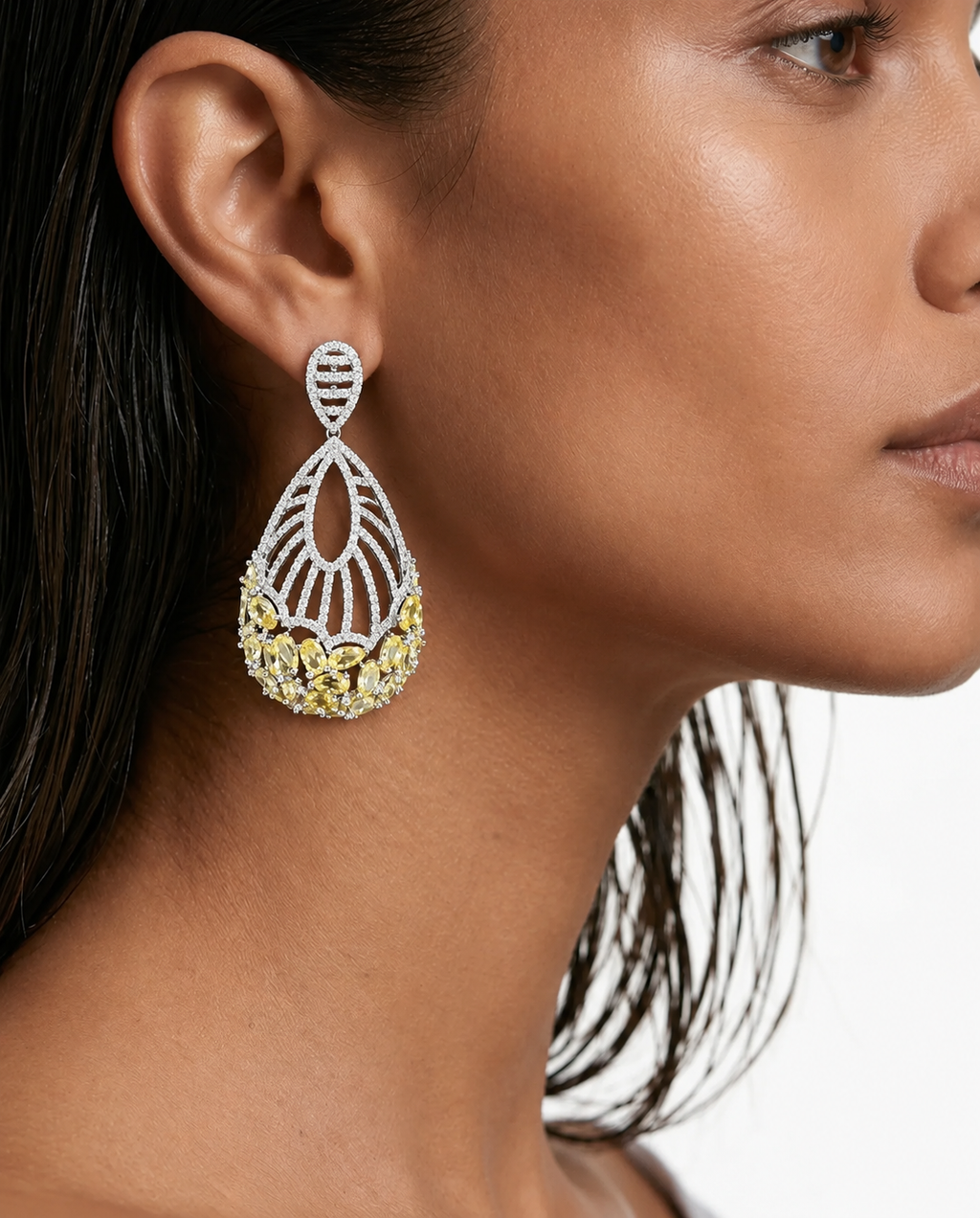 Evia Citrine Diamond-Like Zircon Leaf Necklace Set – Necklace & Earrings