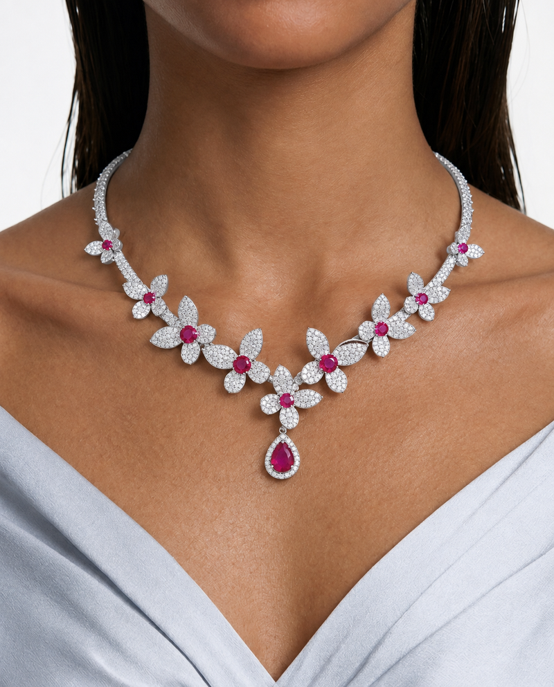 Rosie Ruby Floral Drop Diamond-Like Zircon Open-Front Cuff Necklace Set – Necklace & Earrings