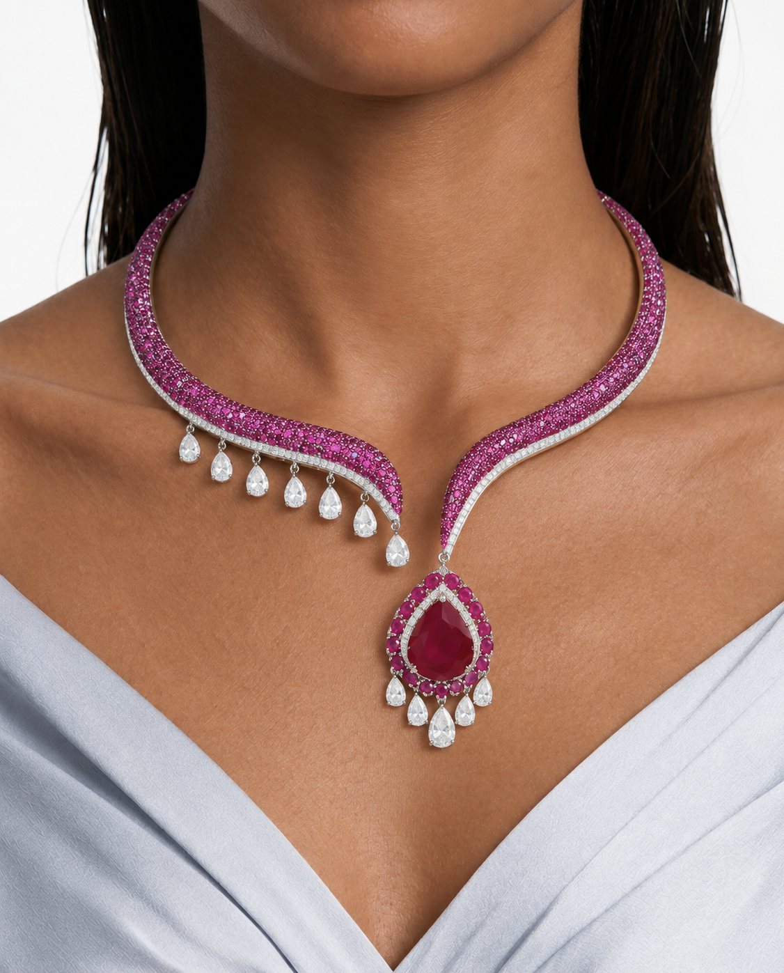 Lottie Ruby Diamond-Like Zircon Open Front Drop Necklace Set – Necklace & Earrings