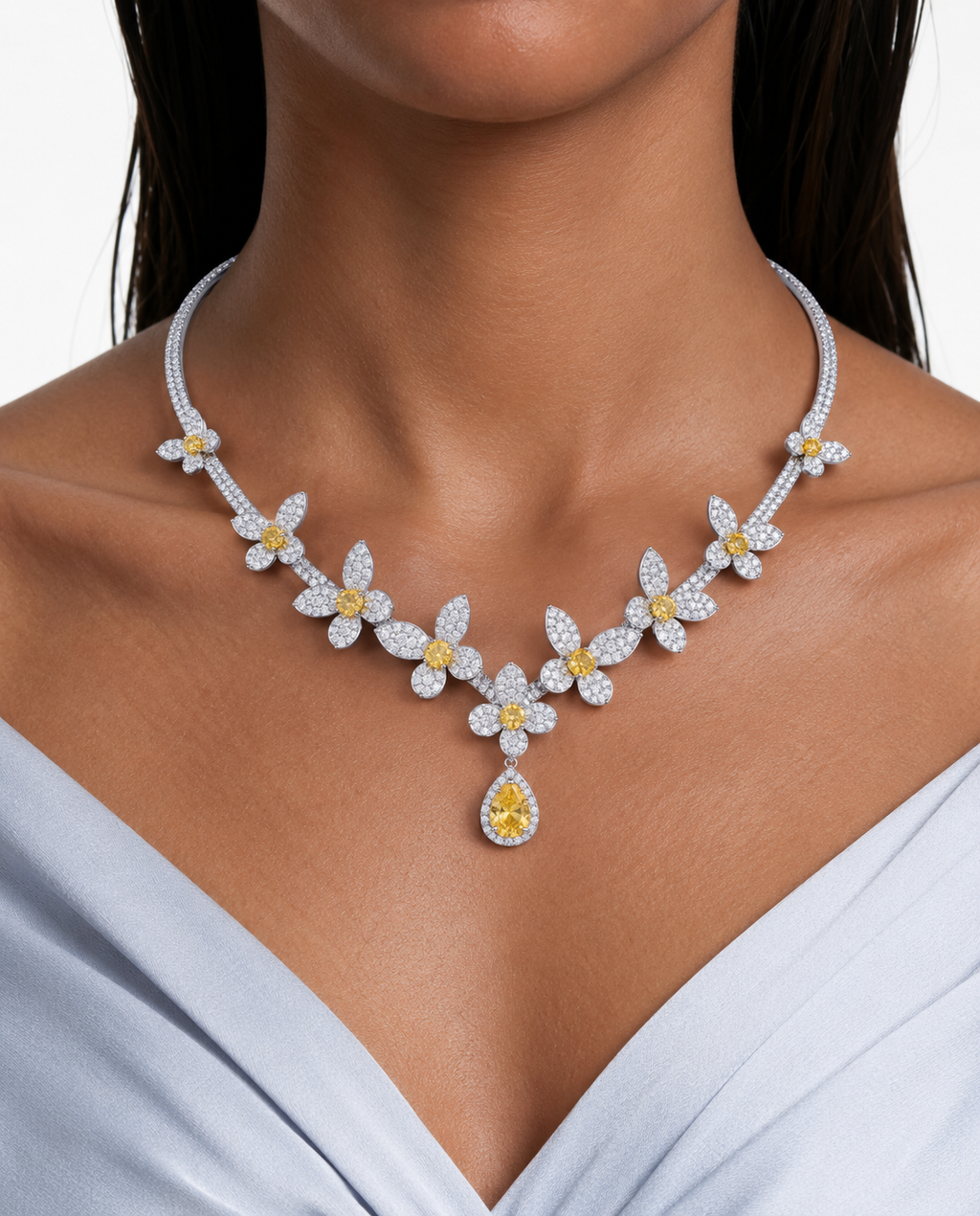 Rosie Citrine Floral Drop Diamond-Like Zircon Open-Front Cuff Necklace Set – Necklace & Earrings