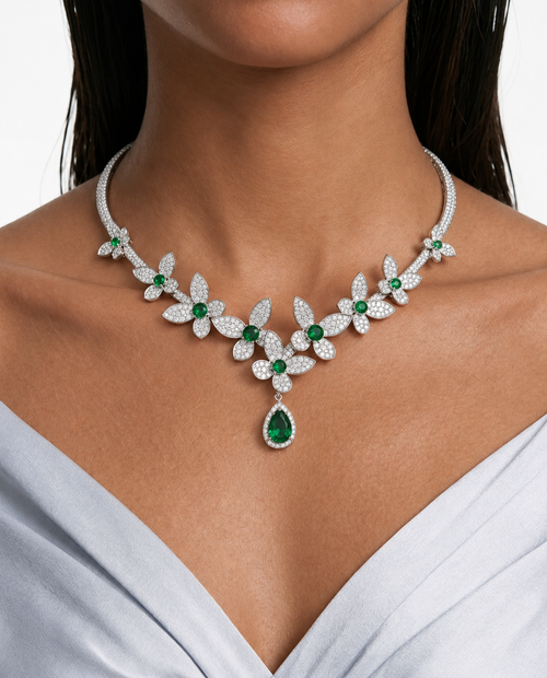 Rosie Emerald Floral Drop Diamond-Like Zircon Open-Front Cuff Necklace Set – Necklace & Earrings
