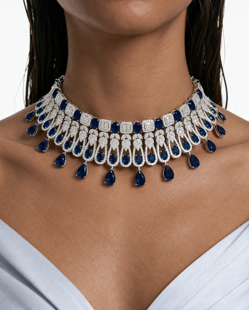Sapphire Esme Diamond-Like Zircon Cascade Drop Choker Necklace Set – Necklace & Earrings